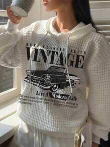 SHEIN EZwear Sudadera con capucha holgada de manga larga con estampado vintage de coche minimalista casual para mujer, otoño/invierno