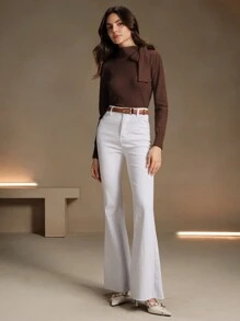 Anewsta 女士优雅纯色蝴蝶结肩部设计套头衫，适合秋季、冬季、外出、休闲、正式、派对、时尚、新年、圣诞节、工作、毕业、婚礼