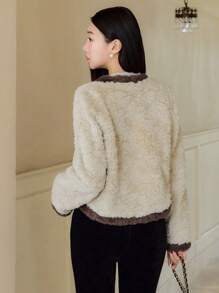 EastFlair Women Casual Contrast Trim Fluffy Trim Jacket, Autumn/Winter - Chocolate Brown - View 2