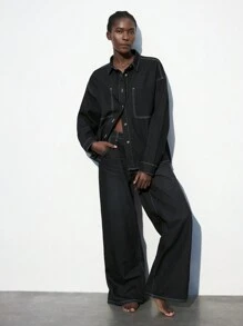 SHEIN Maija 女士休闲宽松长袖蓝色牛仔衬衫 - 深色水洗藍 - 查看 1