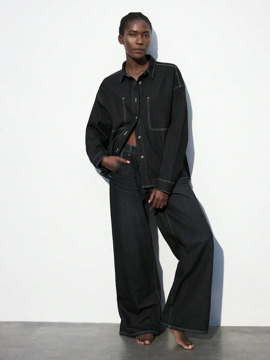 SHEIN Maija 女士休闲宽松长袖蓝色牛仔衬衫 - 深色水洗藍 - 查看 1