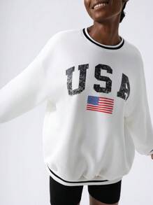 VARSITIE Striped Letter Print Round Neck Long Sleeves Loose Women Sweatshirts