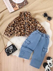 SHEIN Conjunto de chaqueta y pantalones con estampado de leopardo y peluche para bebé niña en otoño/invierno - Marrón - Ver 3