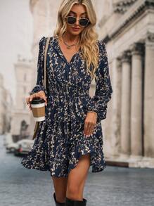 SHEIN LUNE Women's Ditsy Floral Lantern Sleeve Drawstring Waist Casual Dress, Suitable For Vacation Fall Cloth For Women