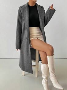 Chiquease 女士休闲纯色双排扣大衣，秋冬 - 灰色 - 查看 1