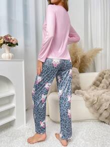 Conjunto de pijama de mujer con estampado de gato lindo, ropa de otoño e invierno - Multicolor - Ver 2