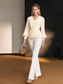 MOTF Soiréza SOLID V-NECK LANTERN SLEEVE PLEATED PEPLUM TOP - Apricot - View 2