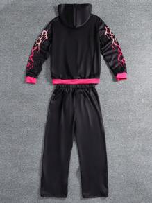 SHEIN 2pcs Set: Teen Boys Dark Punk Style Pink Lighting Graphic Hooded Sweatshirt And Wide Leg Pants, Fashion Streetwear