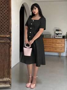 SHEIN Clasi Plus Size Summer Minimalist Elegant Button Decor Dress Maxi Women Outfit - Black - View 4
