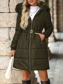 SHEIN Clasi Fur Collar Warm Waist-Cinched Mid-Length Women Padded Coat