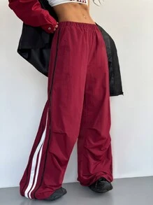 SHEIN EZwear Pantalón de chándal de pierna ancha, de talle medio, con cremallera, textura de decoración y pierna ancha, para mujer, de otoño/invierno - Burdeos - Ver 1