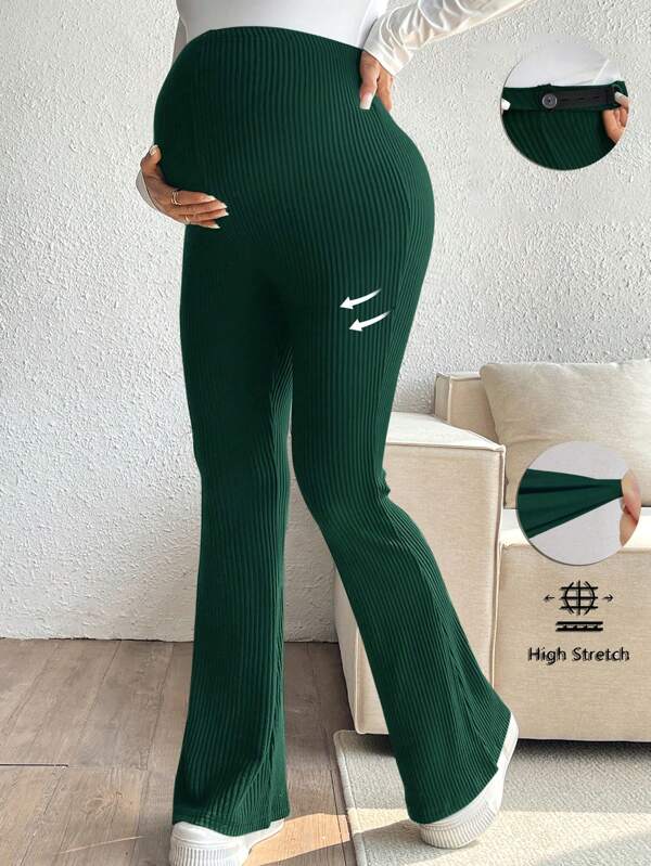 SHEIN Maternity Solid Color Elastic Rib-Knit Casual Skinny Flare Leg Pants