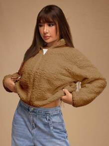 Forever 21 Chaqueta casual con cremallera y forro de borreguito para mujer talla grande en invierno - Camel - Ver 10