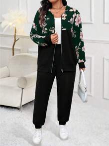 SHEIN LUNE 2 件套加大码花卉印花撞色连帽拉链长袖上衣和纯色裤子，秋冬 - 墨綠色 - 查看 6