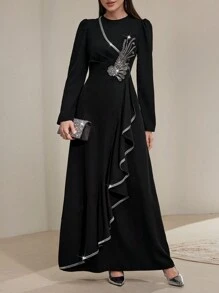 Veilorie Women's Elegant Puff Sleeve Ruffle Trim Dress With Sequins And Beads Decor Modest - Black - View 4