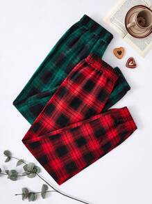 2pcs Plaid Print Women Elastic Waist Pajama Set, Includes Pants