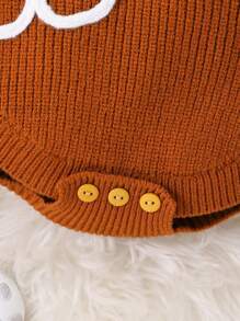 Baby Girls Caramel Floral Design Knit Romper, Warm And Fashionable Infant Bodysuit For Spring, Autumn And Winter - Brown - View 4