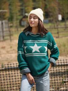 LanaWest Women's Round Neck Long Sleeve Simple Pentagram Pattern Casual Knitted Sweater Fall Winter - Green - View 4