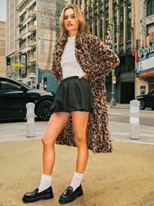 SHEIN EZwear Women's New Autumn And Winter Lapel Off-Shoulder Leopard Print Fleece Coat