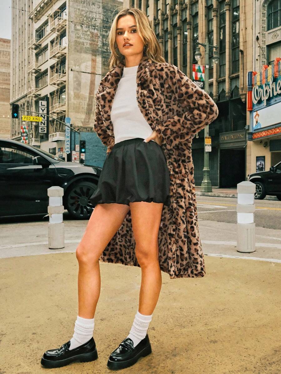 SHEIN EZwear Women's New Autumn And Winter Lapel Off-Shoulder Leopard Print Fleece Coat