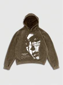 ROMWE MEN Street Life Sudadera con capucha vintage desgastada y lavada con ácido para hombres - Café integral - Ver 1