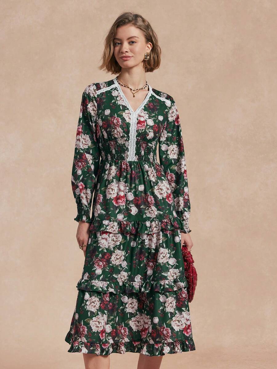 Chiquease 女士花卉印花撞色蕾丝 V 领连衣裙，秋季优雅风格