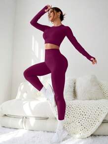 Slayform 1 套女士纯色无缝高弹力短款上衣和紧身裤运动套装健身套装农历新年健身女士套装女士紧身裤套装 - 酒紅色 - 查看 5