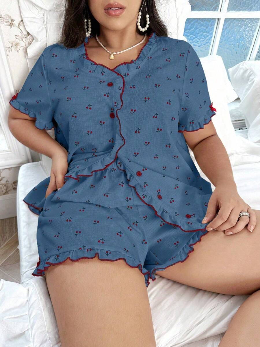 CottageSlumber Plus Size Cherry Printed Pajama Sleepwear Set With Frill-Edged Open Front And Round Neckline - Blue - View 1