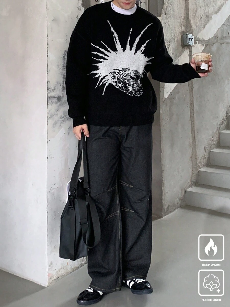 Manfinity EMRG Men's Crew Neck Long Sleeve Pattern Detail Minimalistic Knit Sweater, Casual Everyday Wear - Black and White - View 1
