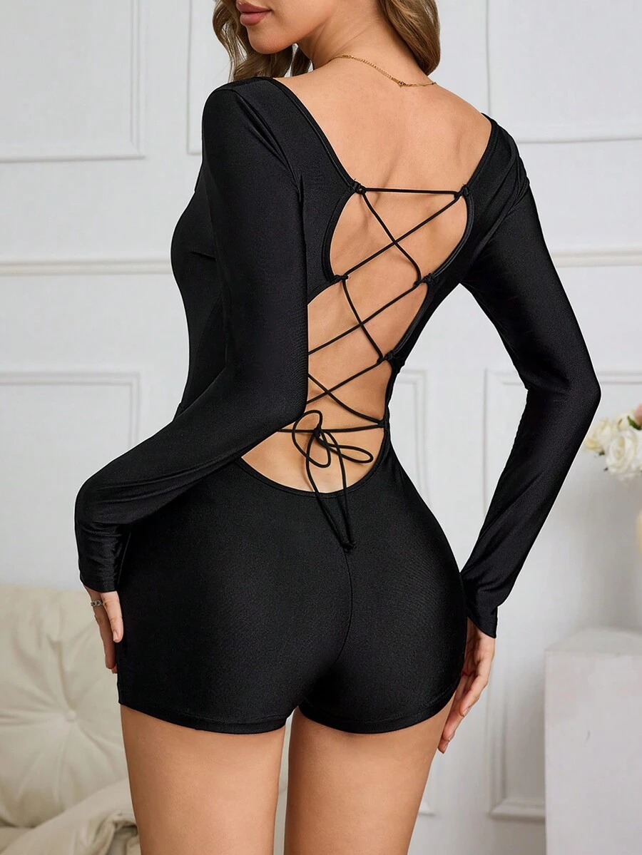 Muchica 1 件女式纯色针织方领长袖修身连体裤