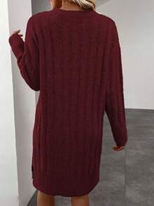 SHEIN LUNE Solid Color Round Neck Long Sleeve Casual Slit Sweater Dress