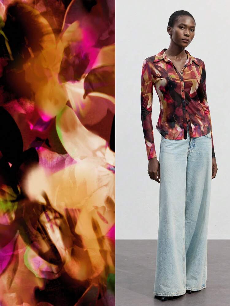 SHEIN Maija Women's Early Spring Elegant Tie Dye Print Pattern Fashion Versatile Front Button Long Sleeve Slim Fit Blouse