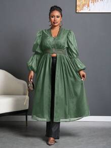 Slaydiva Plus Size Elegant Bubble Sleeve Waist Cinched Wide Swing A-Line Zipper Front Autumn Dress - Army Green - View 3