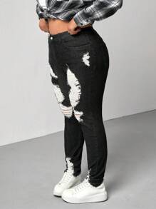 SHEIN Essnce Blue Plus Size Jeans Casual Skinny Stretch Ripped Tights - Black - View 7