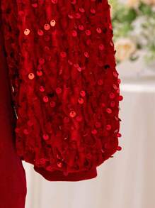 SHEIN Đầm nhung dự tiệc công chúa tay bồng cổ bèo nhún đính ngọc trai và sequin sang trọng thanh lịch cho bé gái và bé gái, thích hợp cho dịp Giáng sinh - Đỏ - Xem 4