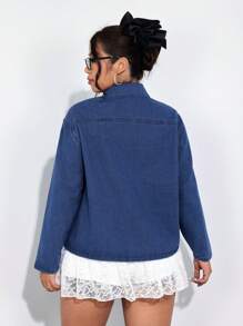 SHEIN ICON Áo khoác denim tay dài buộc nơ màu trơn cỡ lớn cho nữ dịp Giáng sinh Lễ Tạ ơn có túi và nơ trang trí - Màu xanh lam - Xem 2