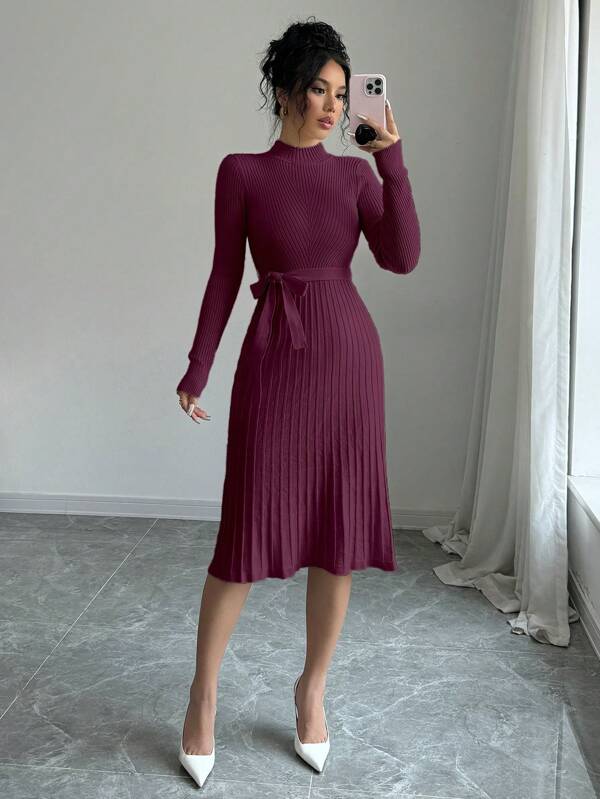 Elenzga Women Plain Stand Collar Long Sleeve Minimalist Loose A-Line Dress