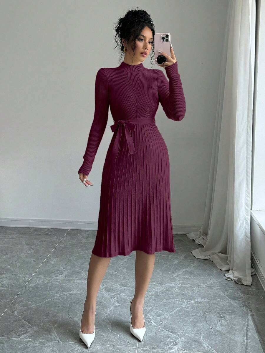 Selianne Women Plain Stand Collar Long Sleeve Minimalist Loose A-Line Dress Fall Winter Cloth For Women