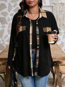 SHEIN LUNE Áo khoác vải tuýt kẻ caro màu rộng rãi thời trang dành cho nữ cỡ lớn - Màu Khaki - Xem 4