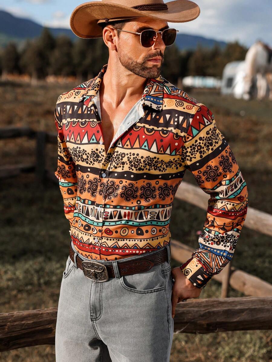 Manfinity Nomadique Men's Geometric Graphic Colorful Print Long Sleeve Single-Breasted Casual Shirt, Autumn,Western Cowboy Style Blue Shirt, For Hunting, Husband - Multicolor - View 1
