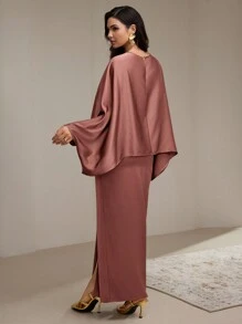 Veilorie Bộ 2 áo thun tay cánh dơi cổ tròn màu trơn cho nữ và chân váy maxi thanh lịch, bộ 2 món thời trang thu đông khiêm tốn - Gỗ đỏ - Xem 4