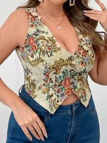 SHEIN Unity Plus Size Elegant Jacquard V-Neck Button Regular Sleeveless Fitted Women Tank Top - Khaki - View 4