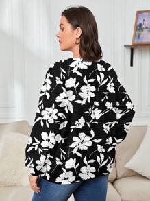 SHEIN LUNE Minimalist Casual Monochrome Floral Waffle Pattern Loose Fit Sweatshirt, Plus Size, For Autumn/Winter