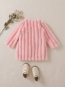 SHEIN New Elegant Vintage Style Baby Girls' Long Sleeve Rabbit Fur Zipper Coat With Bow Decoration, Warm And Comfortable For Autumn And Winter - Pink - View 2