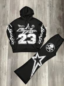 Manfinity EMRG 2pcs/Set Men's Autumn Letter & Pentagram Print Long Sleeve Drawstring Hoodie Sweatshirt And Sweatpants Casual Outfit