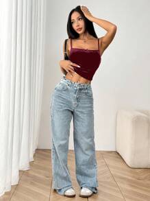 SHEIN EZwear Áo yếm nhung trang trí nơ cho nữ - Màu Đỏ Sâu - Xem 4