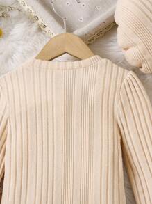 SHEIN Váy len cổ tròn tay dài thường ngày cho bé gái Nova Store kèm mũ phù hợp - Màu Khaki - Xem 7