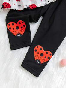 SHEIN 2 件婴幼儿休闲可爱瓢虫印花荷叶边圆领长袖上衣和裤子套装，适合春秋季节 - 彩色 - 查看 3