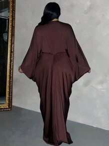 Maweii Plus Size Women's Elegant Solid Color Deep V-Neck Batwing Sleeve Dress, Suitable For Parties Maxi Women Outfit - Brown - View 2