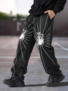 Manfinity EMRG Heren Casual Spinnenprint Trekkoord Taille Schuine Zak Losse Rechte Broek, Uitgaan Horror Lange Kleurblok Broek, Voor Echtgenoot, Vriendje Cadeaus
